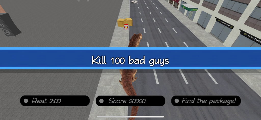 Un dinosaurio parado en una calle de la ciudad con una misión del juego de matar a 100 malos