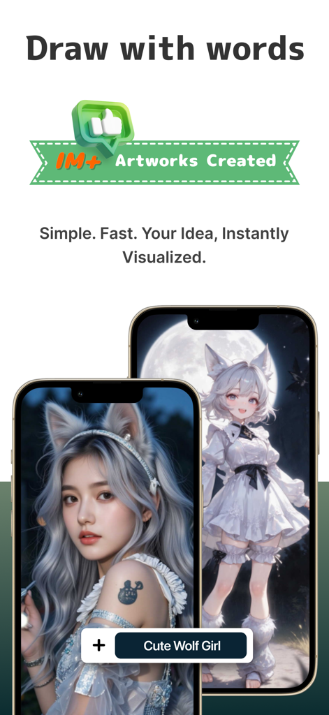 Duas garotas lobo de anime geradas por IA em smartphones com o texto Desenhe com palavras