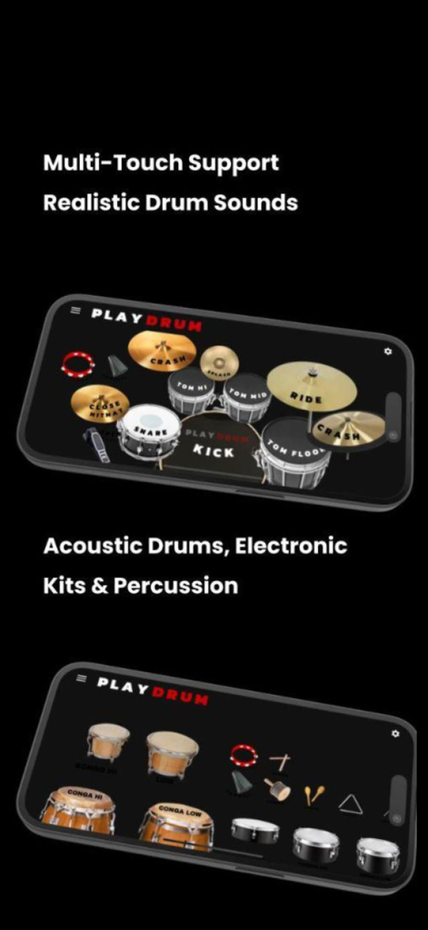 Play Drum – Real Drums Kit App - Play Drum app interface showing acoustic drum kit and professional percussion instrument layouts on mobile screens