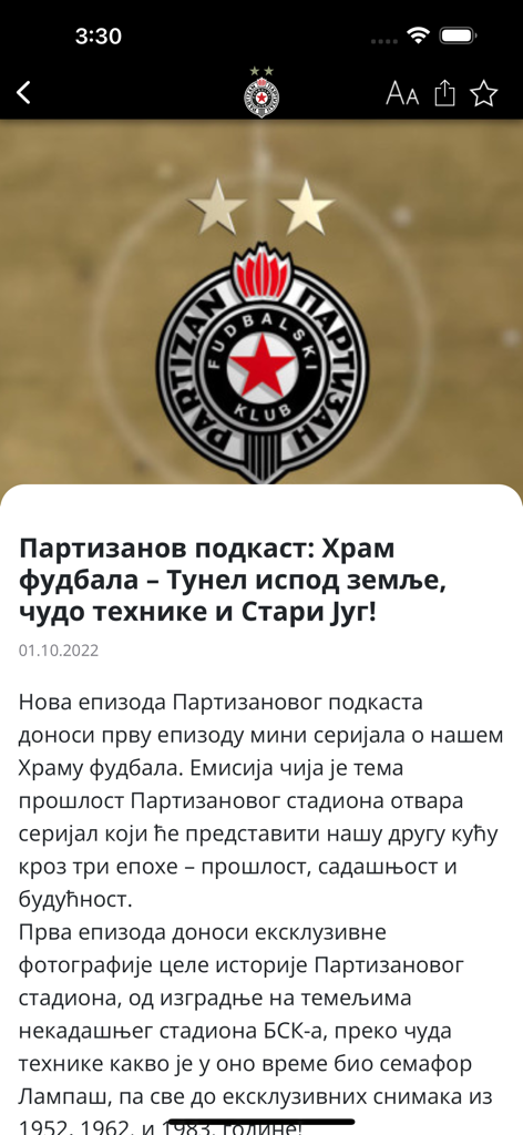 Screenshot of FK Partizan app showing a news article about a club podcast episode