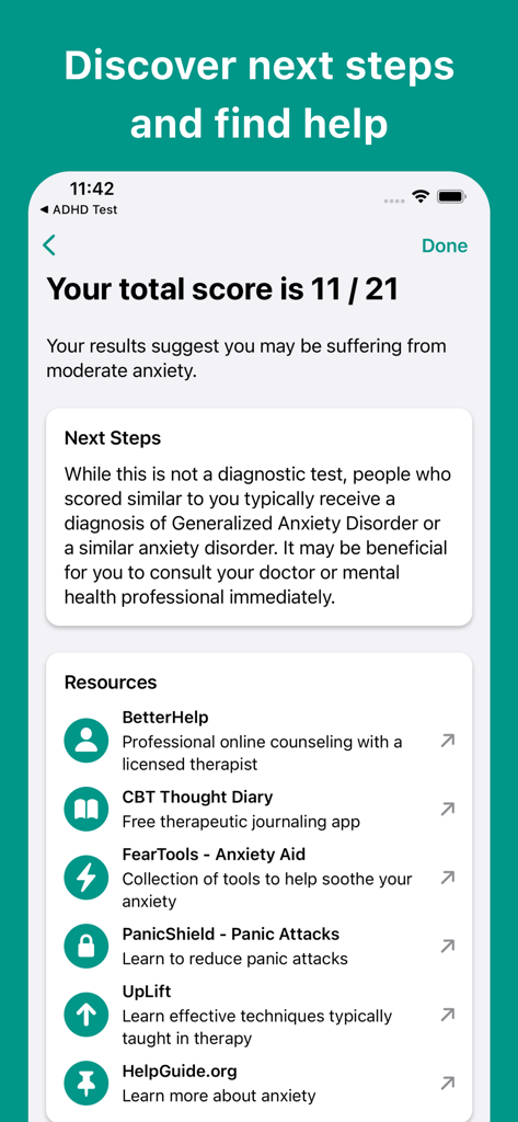 Anxiety Test app screen showing a moderate anxiety score of 11 out of 21 and a list of mental health resources.