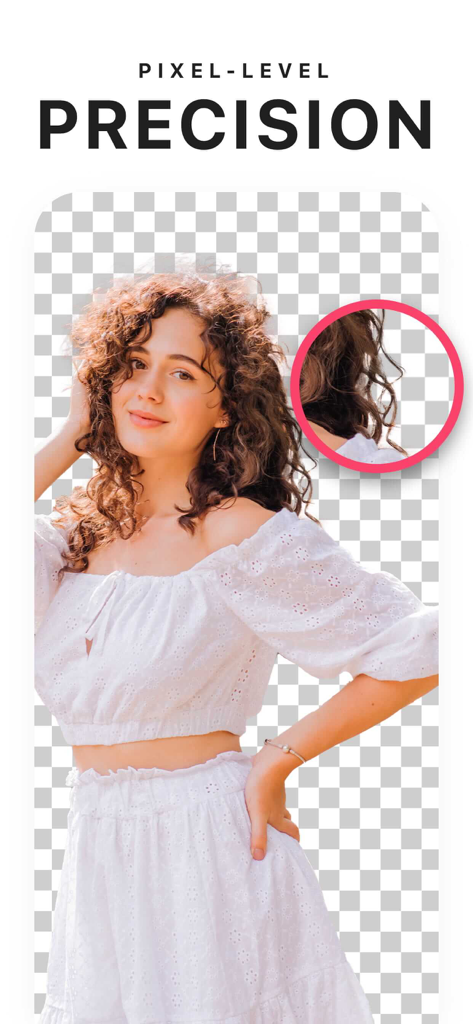 Background eraser app showing a precise cutout of a woman with curly hair against a transparent background.