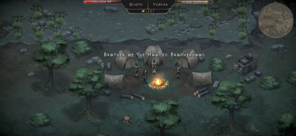 Vampires Fall Originsのゲーム内で、Hooded Brotherhoodの兄弟であるというテキストと共に、キャンプファイヤーのそばに立つキャラクター。