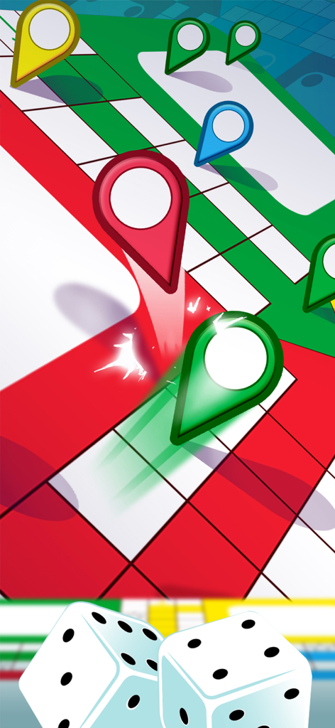Ludo star : super dice game - Close-up de um tabuleiro Ludo 3D com marcadores coloridos e dois dados brancos