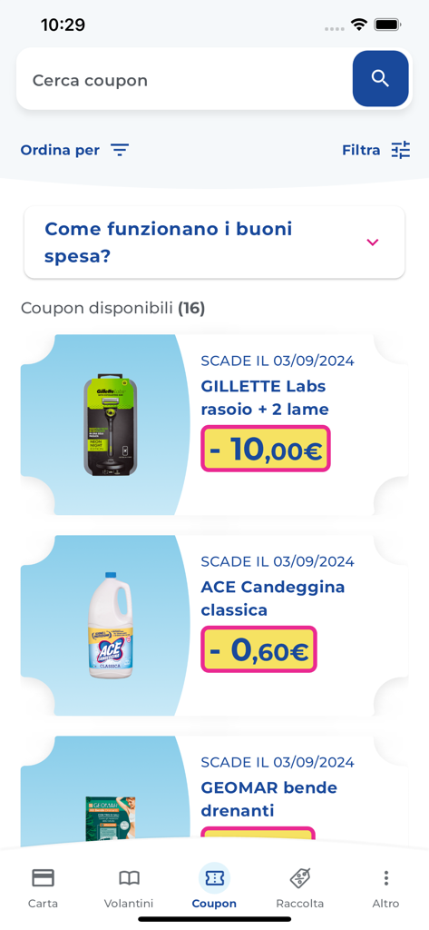 Liste digitaler Coupons in der Acqua and Sapone App mit Rabatten auf verschiedene Haushalts- und Körperpflegeprodukte