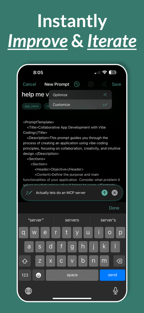 AI Prompt Manager - Reuse AI - Interfaz de la aplicación móvil Reuse AI que muestra a un usuario mejorando una plantilla de prompt de IA utilizando una herramienta de personalización basada en chat.