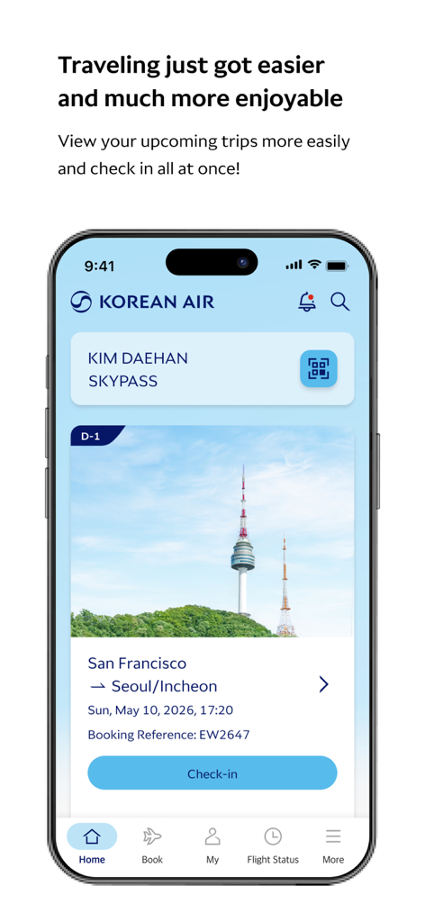 Korean Air My app home screen showing a flight itinerary from San Francisco to Seoul and a check-in button
