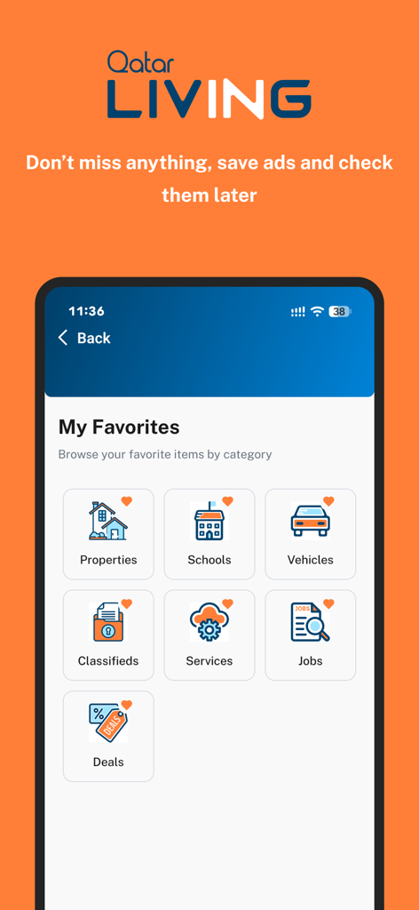 카타르 생활 앱 '내 즐겨찾기' 섹션에 부동산, 차량, 직업 광고에 대한 아이콘 표시