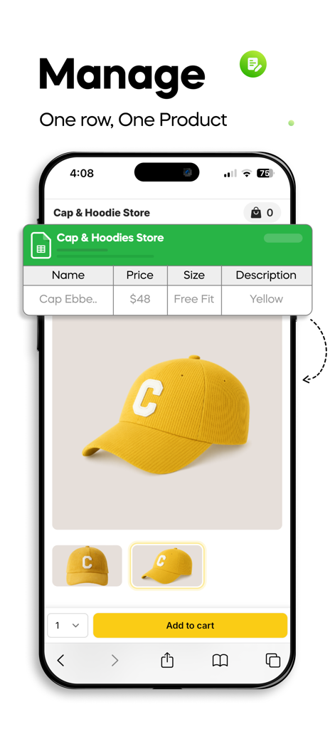 Store.link - Una pantalla móvil mostrando una página de producto de gorra amarilla con una superposición de fila de Hojas de Cálculo de Google explicando cómo gestionar productos.