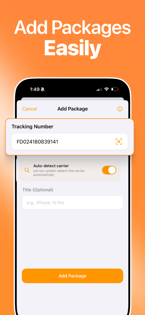Mobile app screen showing the add package interface with tracking number input and auto-detect carrier toggle.