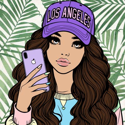 realistic beautiful girl wearing los ángeles cap holding an iphone