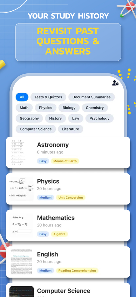 Solve - AI Homework Helper - Study history screen in the Solve AI app showing past questions and answers for subjects like Astronomy Physics and Mathematics.