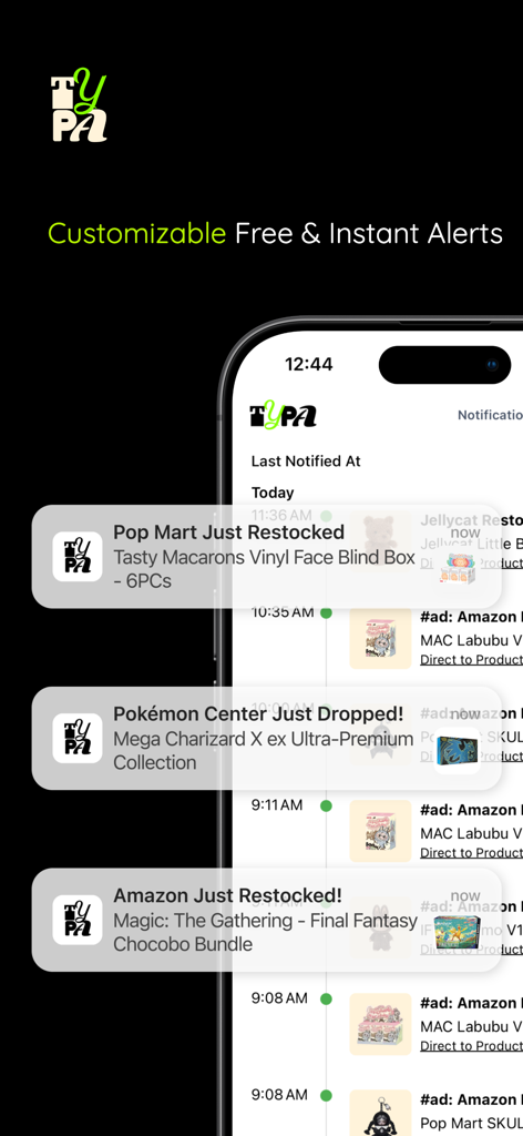 TYPA - Restock Alerts - TYPA app showing real-time restock alerts for Pop Mart, Pokémon, and Magic The Gathering products on a mobile screen.