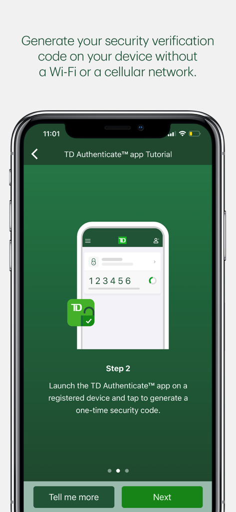 TD Authenticate - TD Authenticate app tutorial screen showing how to generate a security verification code offline