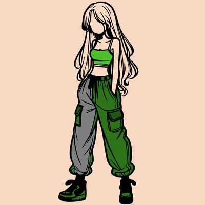 girl in baggy pants crop top and long hair