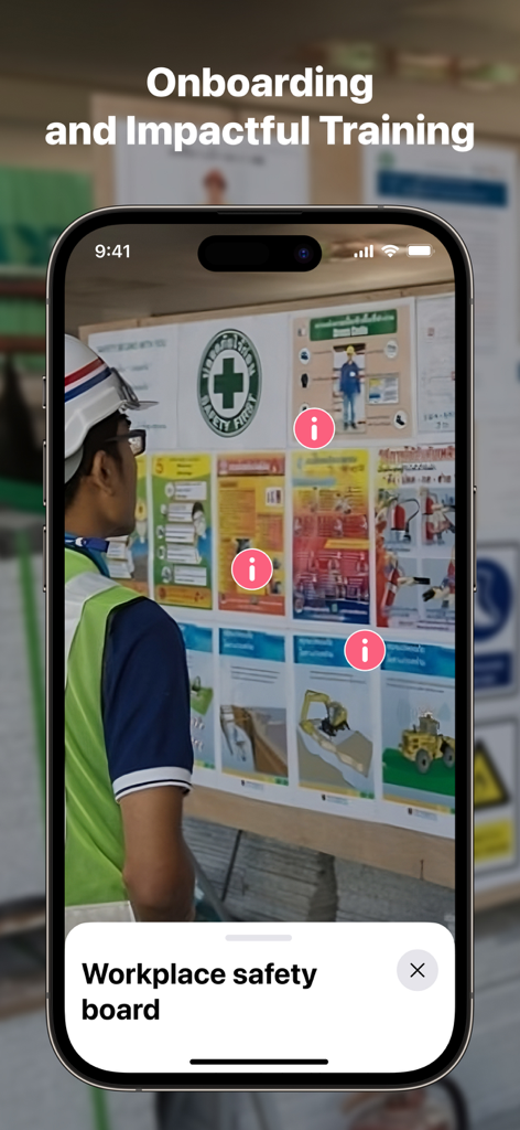 ThingLink AR Viewer - Un smartphone mostrando puntos de interés interactivos de RA en un tablero de seguridad en el lugar de trabajo para la capacitación de empleados
