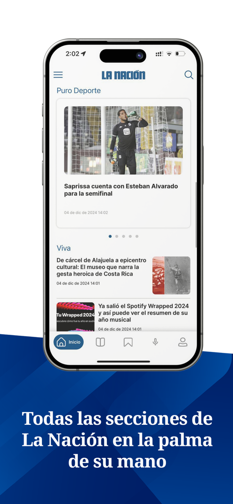La Nación Costa Rica - Interfaccia dell'app mobile La Nacion Costa Rica che mostra le sezioni di notizie su sport e cultura su un iPhone