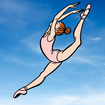 gymnast doing a leap in a leotard with a bent back leg