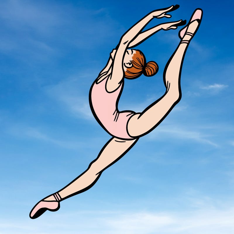 gymnast doing a leap in a leotard with a bent back leg