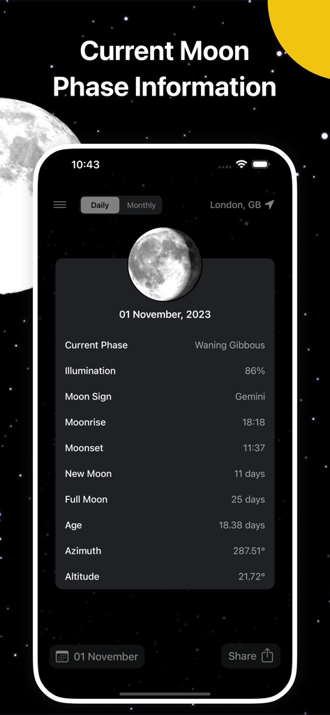 Moon Phase: Lunar Calendar - Una pantalla de smartphone que muestra la aplicación Fase Lunar con información detallada que incluye la fase lunar actual, iluminación, signo lunar y horas de salida de la luna.