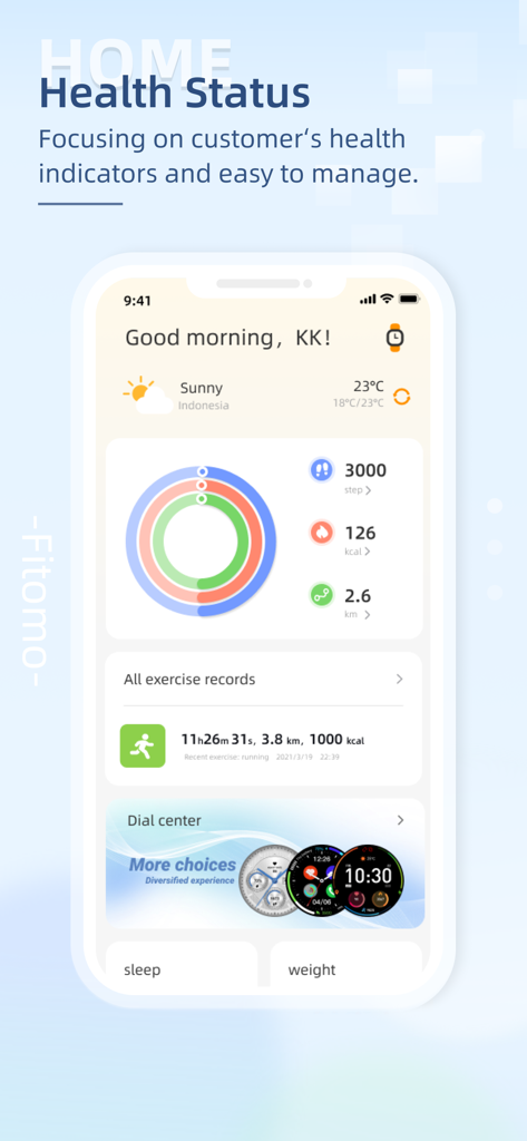 Fitomo - Pantalla de inicio de la aplicación Fitomo que muestra indicadores de estado de salud y panel de seguimiento de actividad