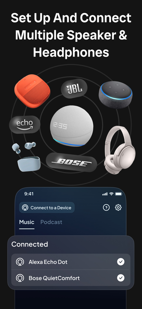 Speaker & Headphones Connect - Interfaz que muestra la conexión de múltiples dispositivos de audio, incluidos auriculares Bose y altavoces Alexa Echo