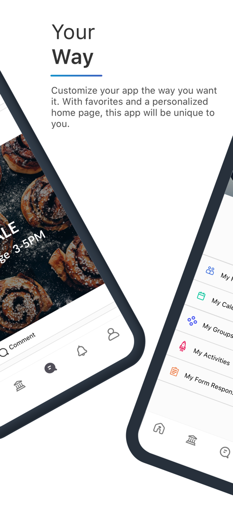 Capture d'écran de l'application de l'Université de Tasmanie montrant les fonctionnalités de la page d'accueil personnalisées et le fil social.