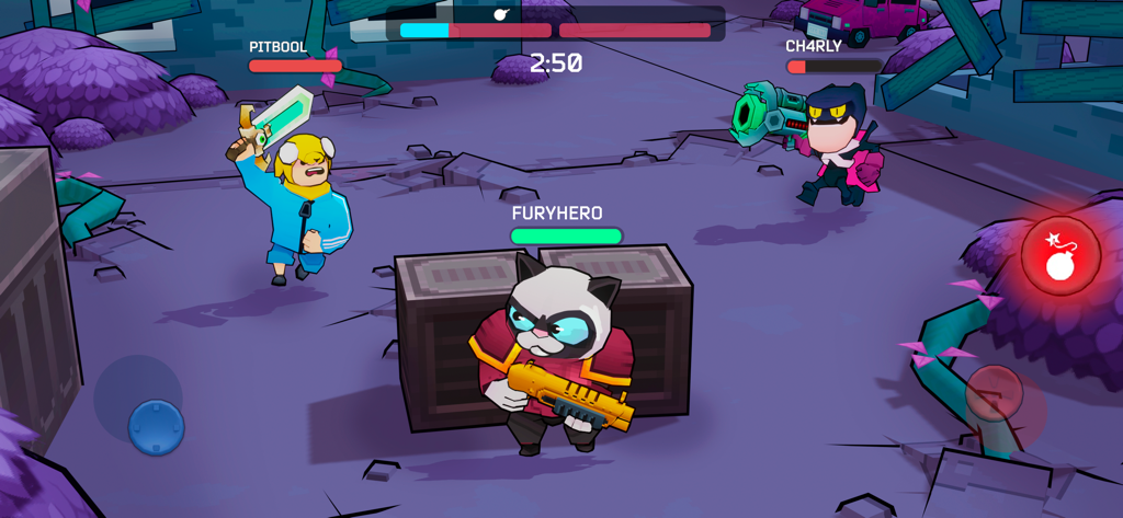 Actiongeladene Spielszene aus Fury Wars Online mit stilisierten Helden und einzigartigen Waffen