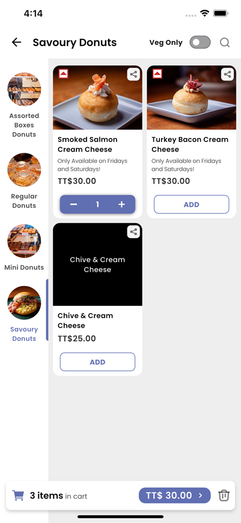 The foodDROP app showing a menu of gourmet savoury donuts including smoked salmon and turkey bacon options.