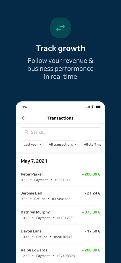 Interface de l'application Reservio Business affichant l'historique des transactions et le tableau de bord de suivi des revenus