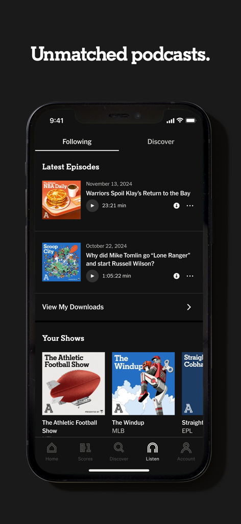 The Athletic app Listen tab showing latest sports podcast episodes and popular shows like the Football Show.