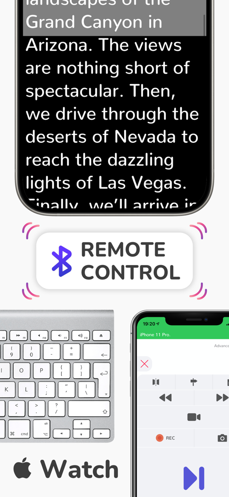 Teleprompter App - Autokue - Interface de controle remoto do teleprompter Autokue mostrando compatibilidade com Apple Watch e teclados sem fio.