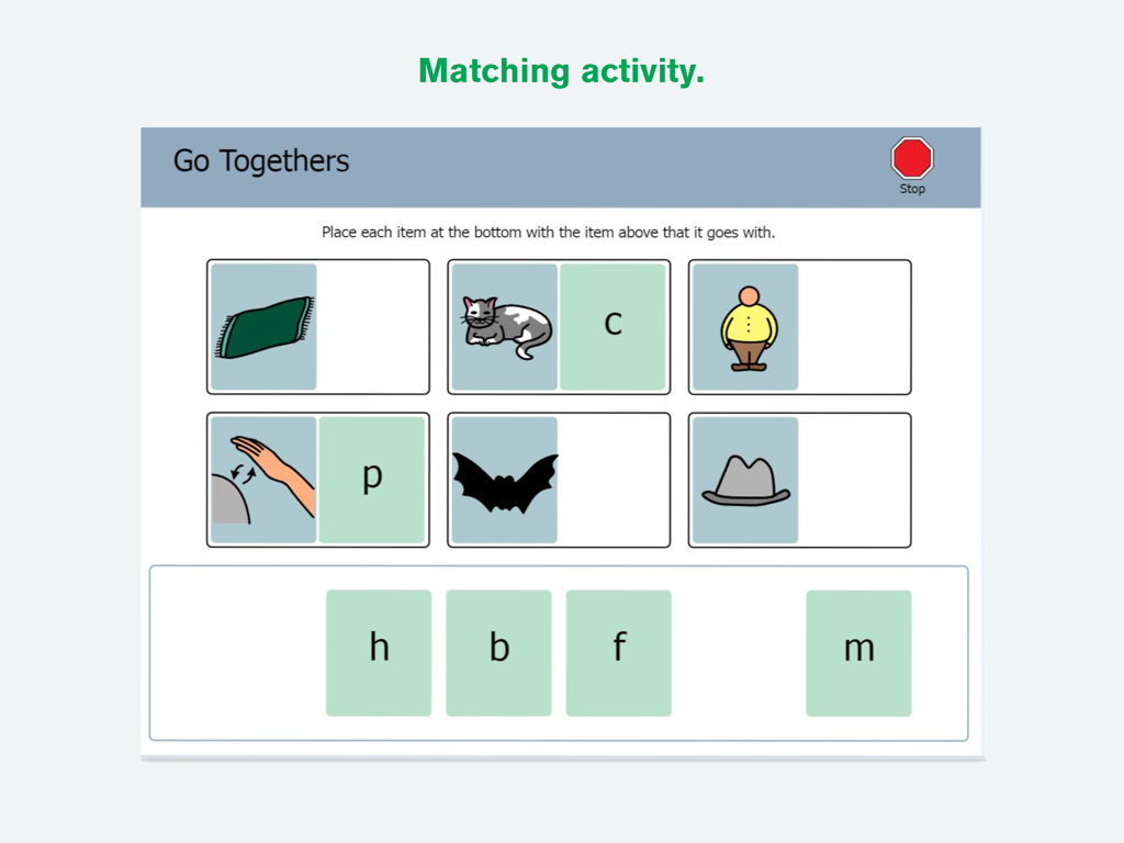 Boardmaker 7 Student Center - A symbol based letter matching educational activity in the Boardmaker 7 Student Center app interface