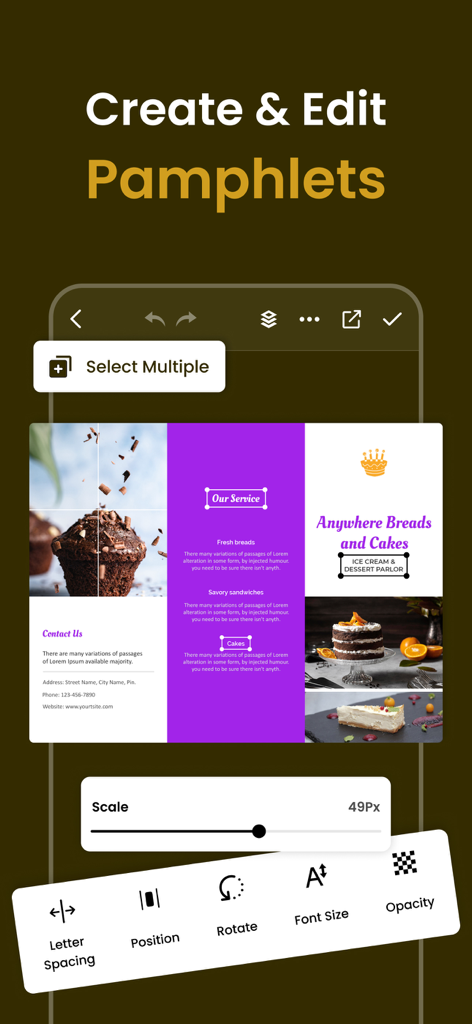 Interface do aplicativo Brochure Maker exibindo ferramentas de edição e um modelo de folheto de dobra tripla para uma padaria.