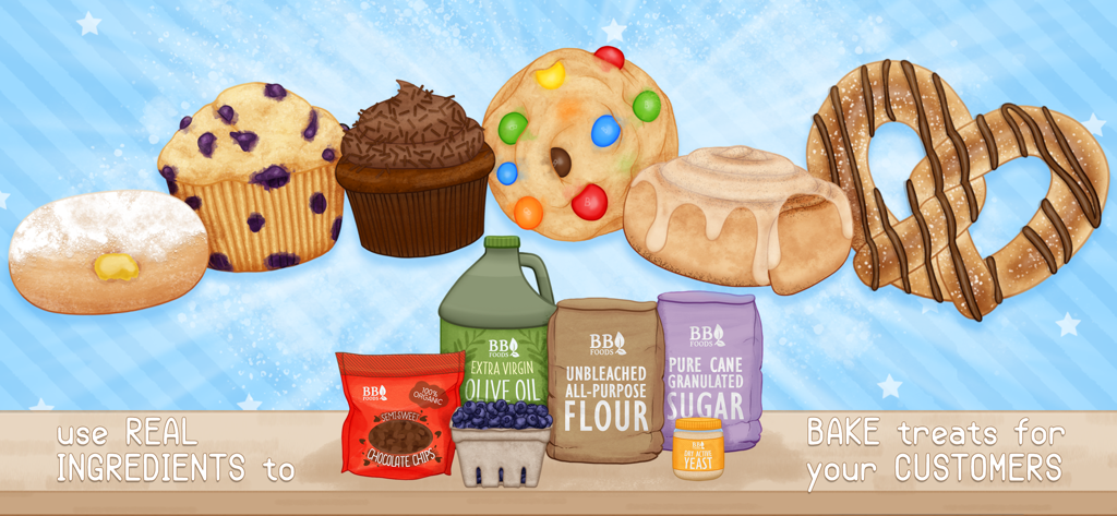 Baker Business 3 - An illustration of real baking ingredients like flour and chocolate chips alongside finished treats like muffins and cookies in Baker Business 3.
