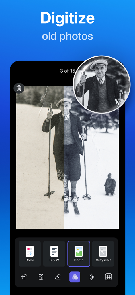 Mobile app screen showing the digitization and restoration of an old black and white photograph using Scanner Pro