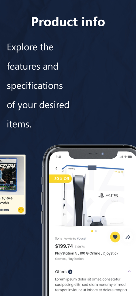 WeOrder Iraq - WeOrder Iraq app interface displaying product specifications and details for a game console
