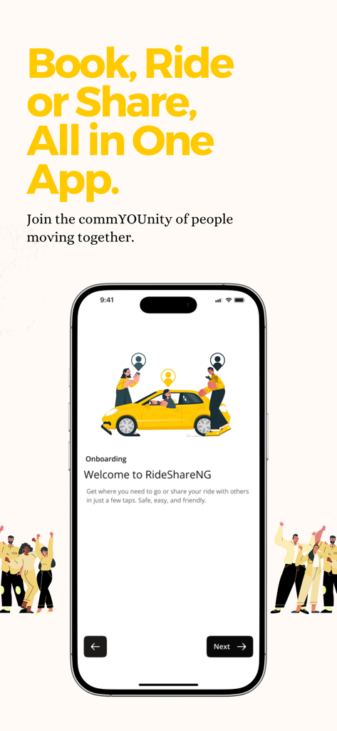 Rideshare NG - An onboarding screen for the Rideshare NG mobile app featuring a yellow car and community members with the headline Book Ride or Share All in One App