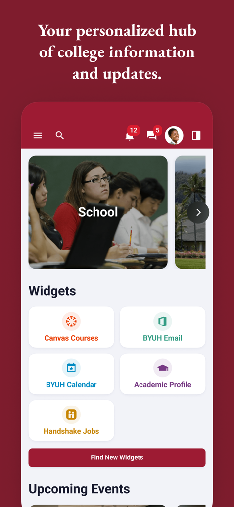 The myBYUH app home screen displaying student widgets for Canvas email and academic profile