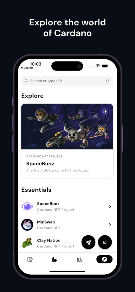 VESPR: Cardano Wallet - The explore screen of the VESPR Cardano wallet featuring NFT projects like SpaceBudz and Clay Nation alongside the MinSwap DEX.