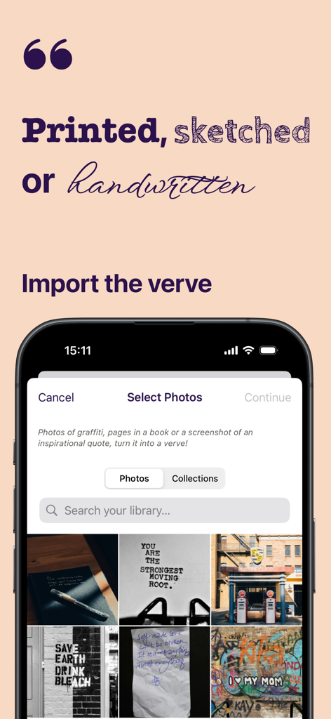 Verve: words that matter - Verve-App-Oberfläche, die die Fotoauswahl zum Importieren von gedruckten oder handgeschriebenen Zitaten zeigt