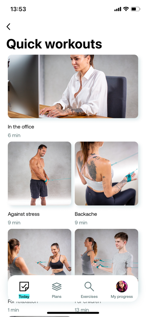 Spiralista - Back & Spine Care - Spiralista app screen showing quick workout options for back pain and office workers