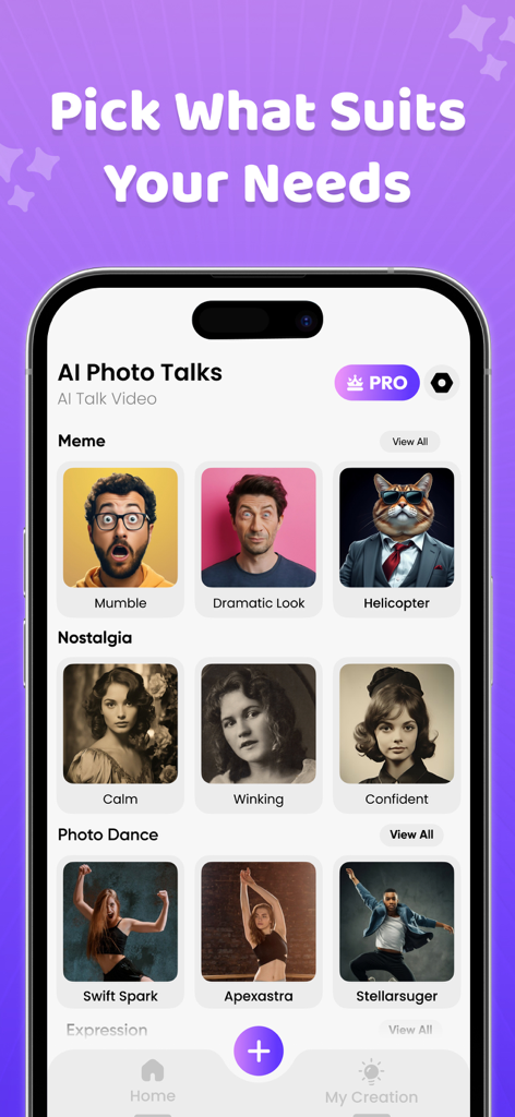 AI Face Talk : Photo Animator - AI Face Talk app interface showing various animation templates for memes and nostalgic photos