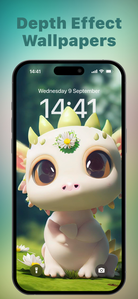 Uma tela de bloqueio de iPhone exibindo uma criatura fofa animada usando o recurso de papel de parede com efeito de profundidade do iOS do aplicativo Widget Box.