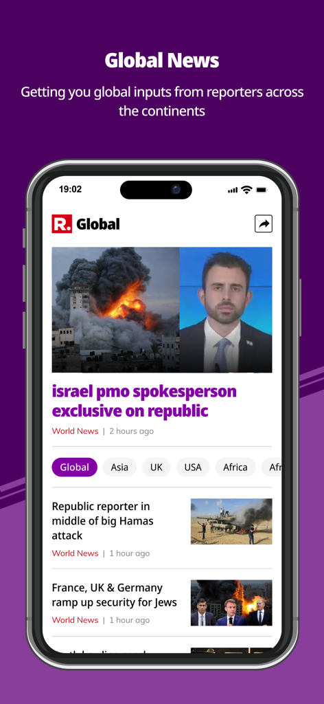 Republic World Digital - Interfaz de la aplicación Republic World Digital que muestra titulares de noticias globales
