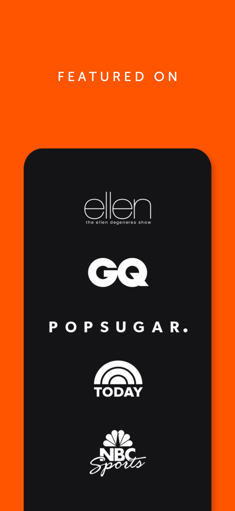 Stretch: Stretching & Mobility - Logotipos de mídia para Ellen, GQ, POPSUGAR, TODAY e NBC Sports onde o aplicativo Stretch foi apresentado