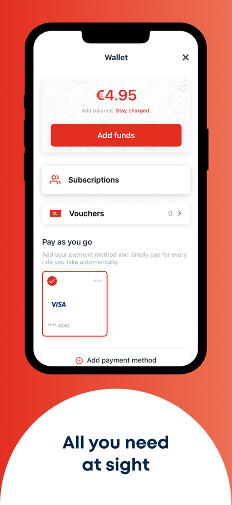 Der Wallet-Bildschirm der emmy Elektroroller-Sharing-App mit Kontostand und verknüpften Zahlungsmethoden.