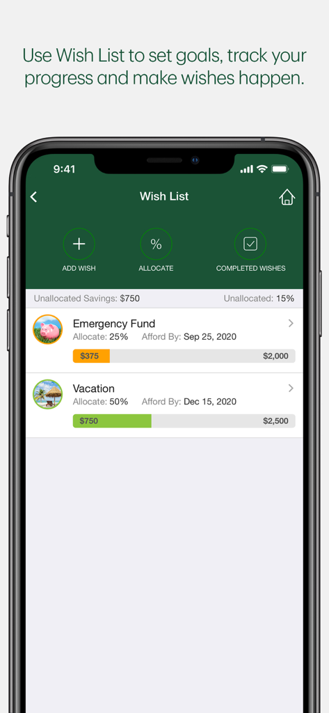 TD MySpend app screen showing savings goals for an emergency fund and vacation