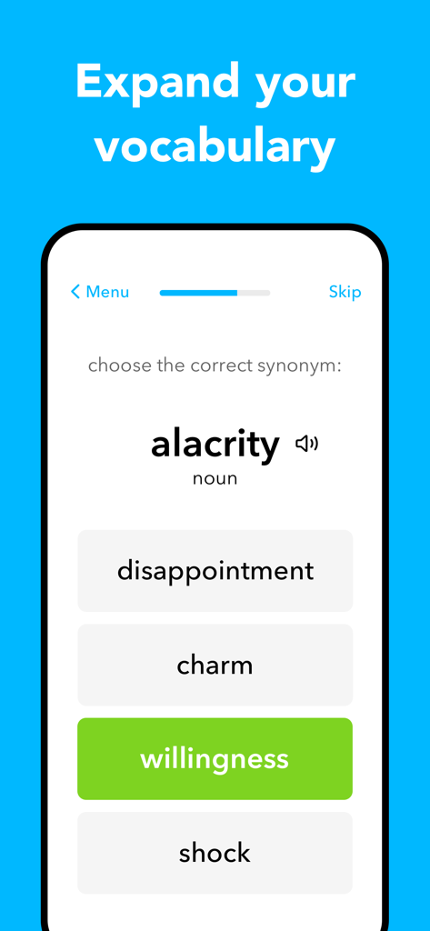 WordPal vocabulary builder app interface showing a synonym quiz for the word alacrity with willingness selected as the correct answer