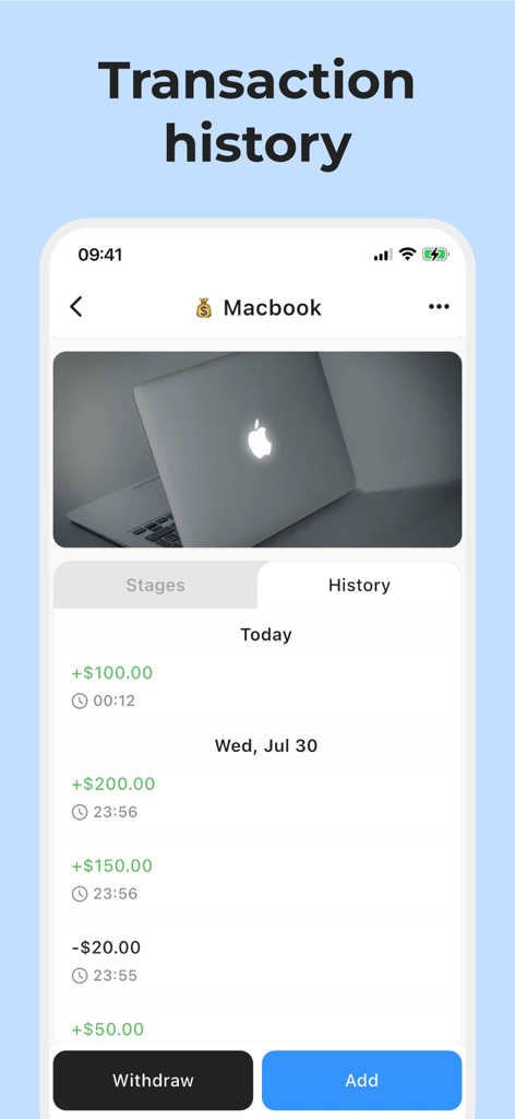 Savings Tracker: My Piggy Bank - Mobile app screen showing a transaction history log for a MacBook savings goal with deposits and withdrawals